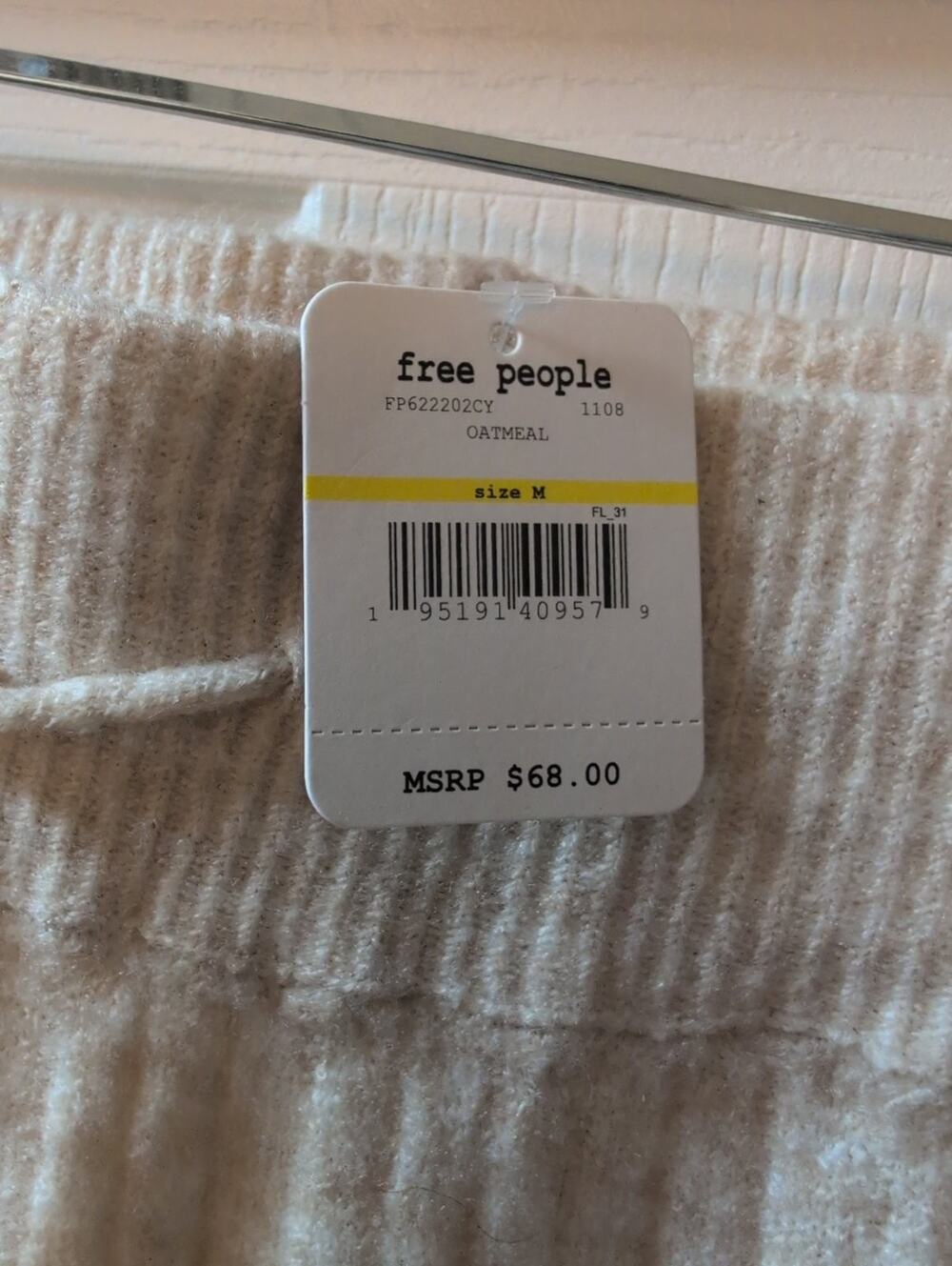 Free People "Intimately" Ribbed Knit Drawstring Lounge Pants Oatmeal M NWT Long